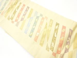 変わり横段に宝尽くし・古典柄・草花模様織出し名古屋帯